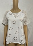 Summer Round Neck Patch Hollow Out Heart Print White Shirt