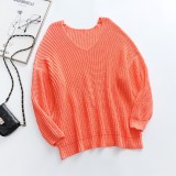 Autumn Orange V-Neck Loose Cut Long Sweater Top