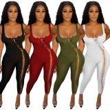 Summer Black Ribbed Sexy Lace Up Sleeveless Bodycon Jumpsuit