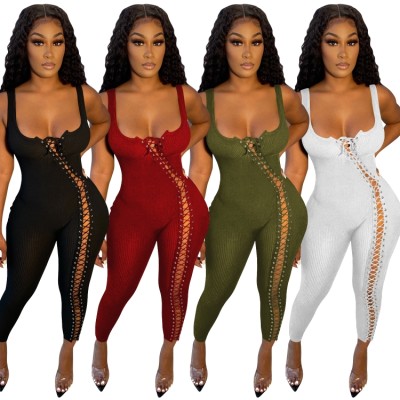 Summer Grey Ribbed Sexy Lace Up Sleeveless Bodycon Jumpsuit