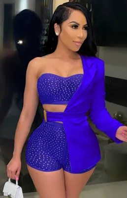 Summer Blue Beaded 3 Piece Party Top and Shorts Set
