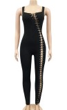 Summer Black Ribbed Sexy Lace Up Sleeveless Bodycon Jumpsuit