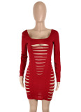 Autumn Party Red Sexy Ripped Long Sleeve Bodycon Dress
