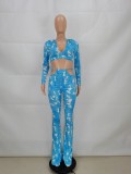 Autumn Print Blue Tight Crop Top and Cut Out Pants Set