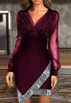 Autumn Formal Purple Sequin V-Neck Irregular Party Dress