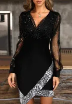 Autumn Formal Black Sequin V-Neck Irregular Party Dress