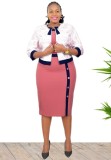 Autumn Plus Size Pink African Office Dress with Floral Jacket Set