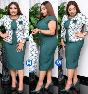 Autumn Plus Size Green African Office Dress with Jacket Set