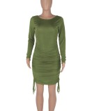 Autumn Green Long Sleeve Blackless Dtrawstring Mini Dress