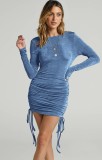 Autumn Blue Long Sleeve Blackless Dtrawstring Mini Dress