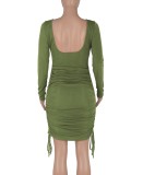 Autumn Green Long Sleeve Blackless Dtrawstring Mini Dress