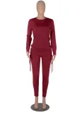 Autumn Burgundy Long Sleeve Round Neck Drawstring Top and Matching Pants Set