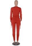 Autumn Red Long Sleeve Round Neck Drawstring Top and Matching Pants Set