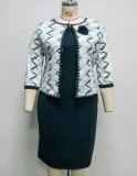 Autumn Plus Size Green African Office Dress with Jacket Set