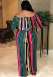 Autumn Plus Size Off Shoulder Multi Striped Loose Jumpsuit