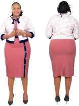 Autumn Plus Size Pink African Office Dress with Floral Jacket Set