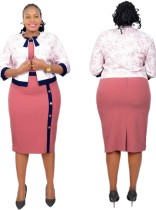 Autumn Plus Size Pink African Office Dress with Floral Jacket Set