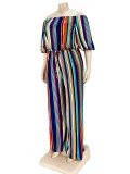 Autumn Plus Size Off Shoulder Multi Striped Loose Jumpsuit