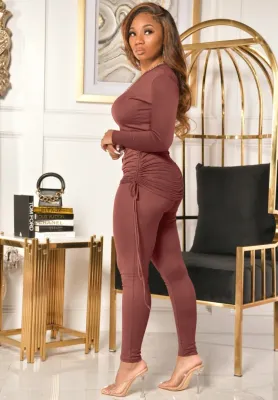 Autumn Brown Long Sleeve Round Neck Drawstring Top and Matching Pants Set