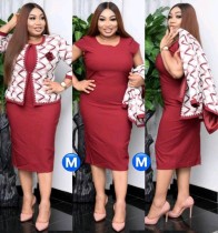 Autumn Plus Size Red African Office Dress with Jacket Set