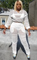 Autumn Plus Size White See through with inside bra and panties Long Sleeve Top and Pant set