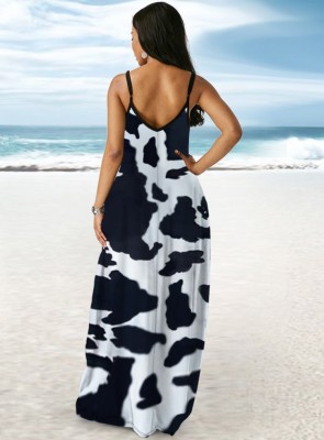 Summer Black and White Print Sexy Straps Maxi Dress