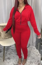 Autumn Red Hoodies with Zipper Long Sleeve Top and Pant Set