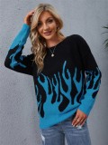 Autumn Black and Blue Flames Long Sleeve Round-Neck Sweater