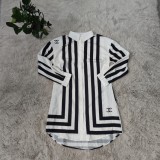 Autumn White and Black Stripe Long Sleeve Shirt Dress (no Belt)
