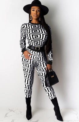 Autumn Black and White Printed Tight Long Sleeve Top and Pant Set (no Belt)