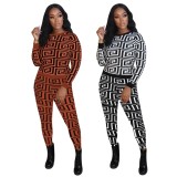 Autumn Black and Brown Printed Tight Long Sleeve Top and Pant Set (no Belt)