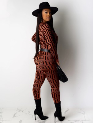 Autumn Black and Brown Printed Tight Long Sleeve Top and Pant Set (no Belt)