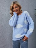 Autumn Blue white cloud Long Sleeve Round-Neck Sweater