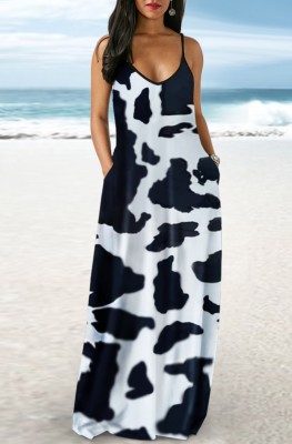 Summer Black and White Print Sexy Straps Maxi Dress