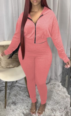 Autumn Pink Hoodies with Zipper Long Sleeve Top and Pant Set