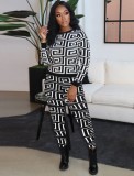 Autumn Black and White Printed Tight Long Sleeve Top and Pant Set (no Belt)