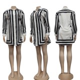 Autumn White and Black Stripe Long Sleeve Shirt Dress (no Belt)