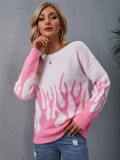 Autumn Pink and White Flames Long Sleeve Round-Neck Sweater