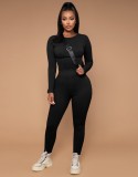 Autumn Black Tight Long Sleeve Top and Pant Set