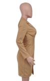 Autumn Brwon Long Sleeve V Neck Tunic Blazer Dress