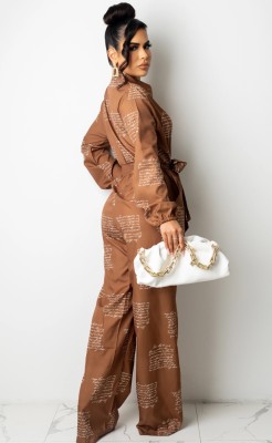 Autumn Printed Brown Button Up Midi Neck Long Sleeve Jumpsuit with Belt