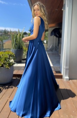 Summer Sexy Blue One Shoulder Split Satin Evening Dress