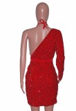 Atumn Sexy Red Sequins Irregular One Shoulder Club Dress with Bra