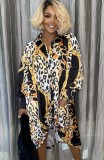 Autumn Leopard Button Up Long Sleeve Loose Blouse Dress