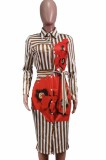 Autumn Floral Khaki Stripes Long Sleeve Professional Midi Dress with Belt