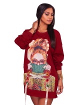 Autumn Red Girl Lace Up Round Neck Long Sleeve Sweats Dress