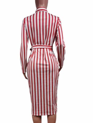 Autumn Floral Red Stripes Long Sleeve Professional Midi Dress with Belt