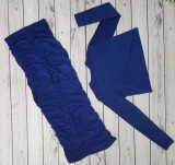 Autumn Pure Blue Long Sleeve Top and Ruched Long Skirt Set