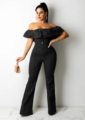 Autumn Black Elegant Button Up Ruffled Off Shoulder Jumpsuit
