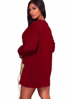 Autumn Red Girl Lace Up Round Neck Long Sleeve Sweats Dress